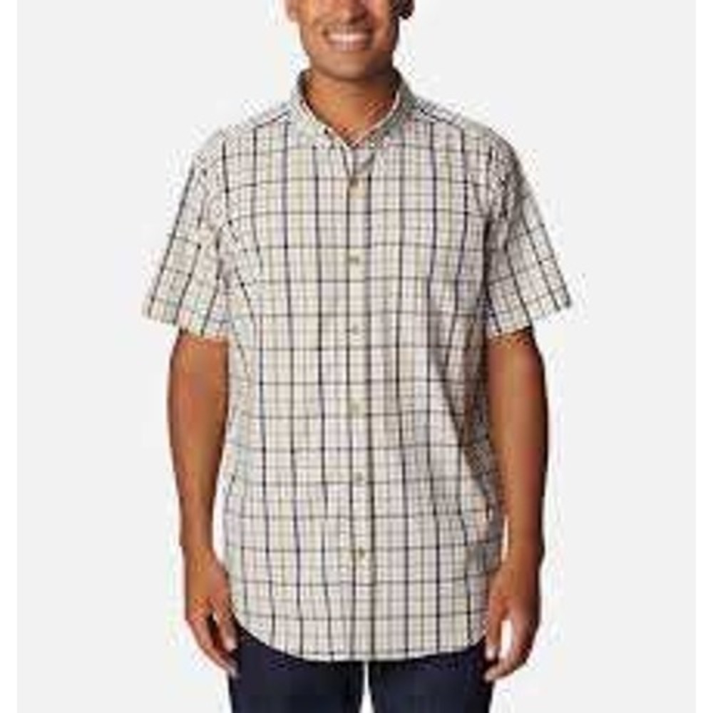 Columbia Omni-Wick Mens XL Plaid Short Sleeve Button Down Shirt Tan Blue Hiking
